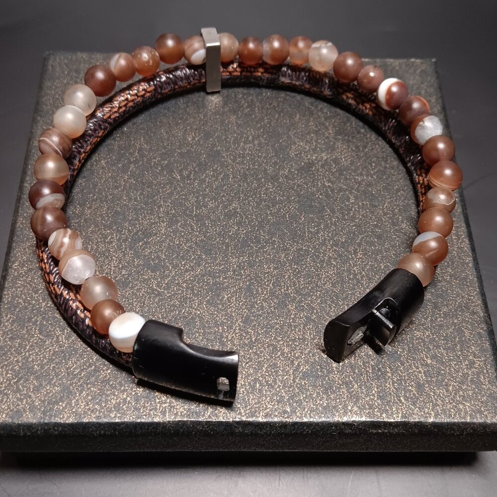 MENS BEAD LEATHER BRACELET NATURAL BEAD - BROWN